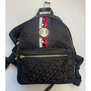 Tommy Hilfiger Small Monogram Black Jacquard Jaden Backpack w/ Medallion